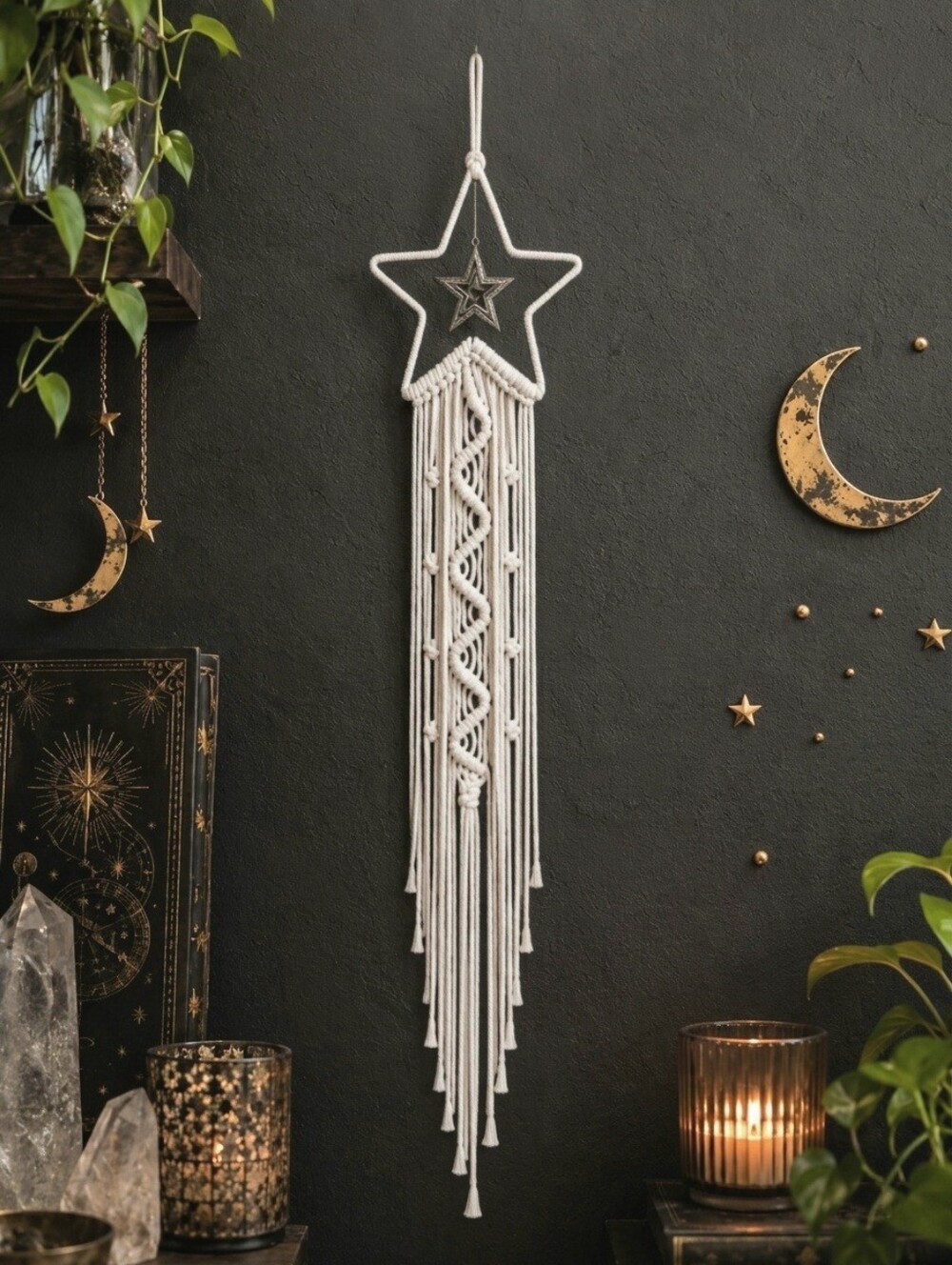 Celestial Macrame Star Wall Hanging 38" Cream Silver Charm Boho Whimsigoth Decor